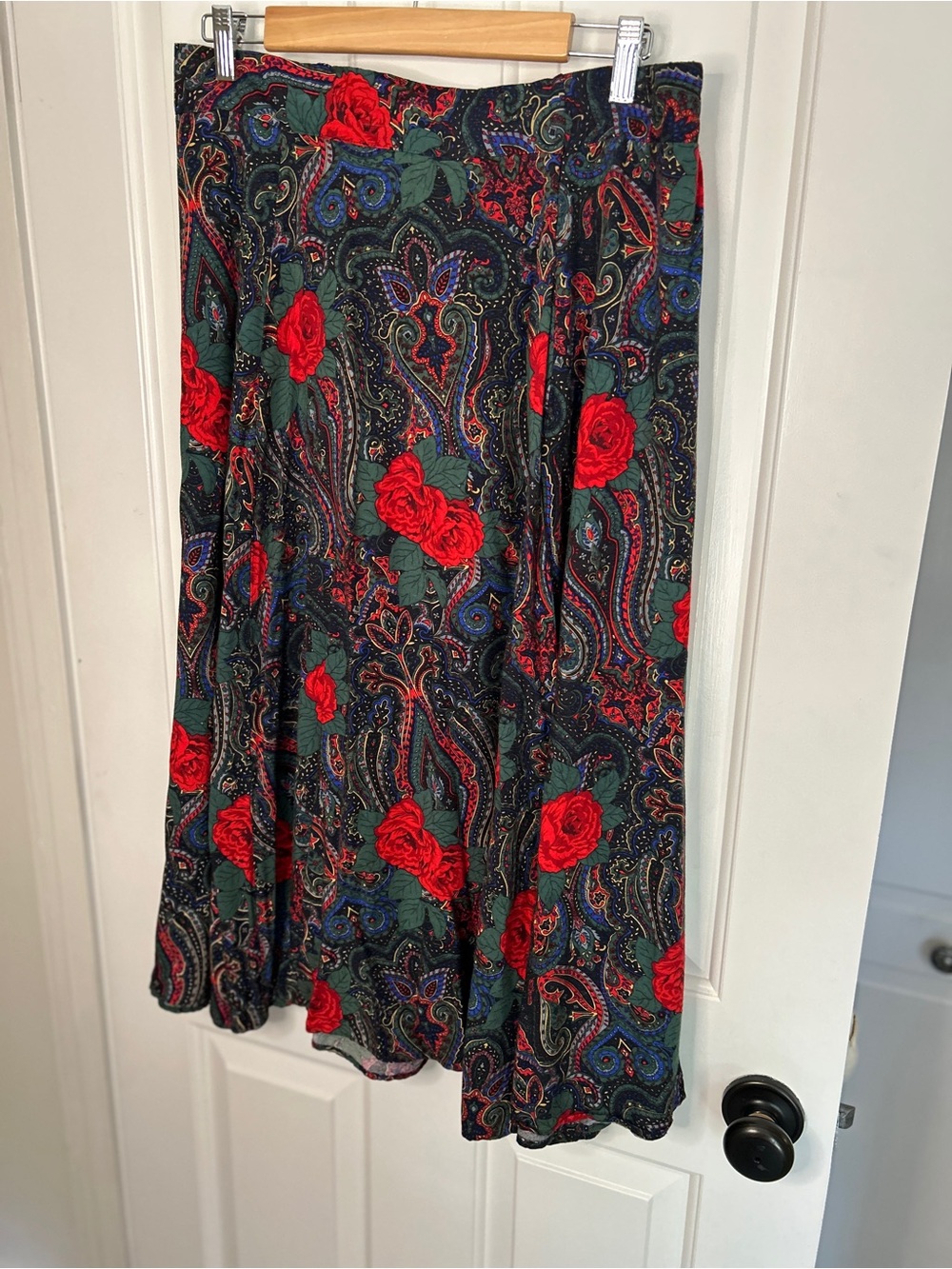 Vintage Bedford Fair Paisley Midi Skirt with Red Rose Print